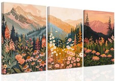 Boho Colorful Watercolor Mountain Canvas wall art Set of 3, Wildflower Poster...