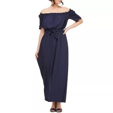 Gal Meets Glam Size 6 Navy Blue Sydney Ruched Sleeve Off The Shoulder Maxi Dress