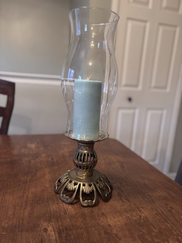 Vintage Brass Tulip Candle Holder with Glass Hurricane Shade