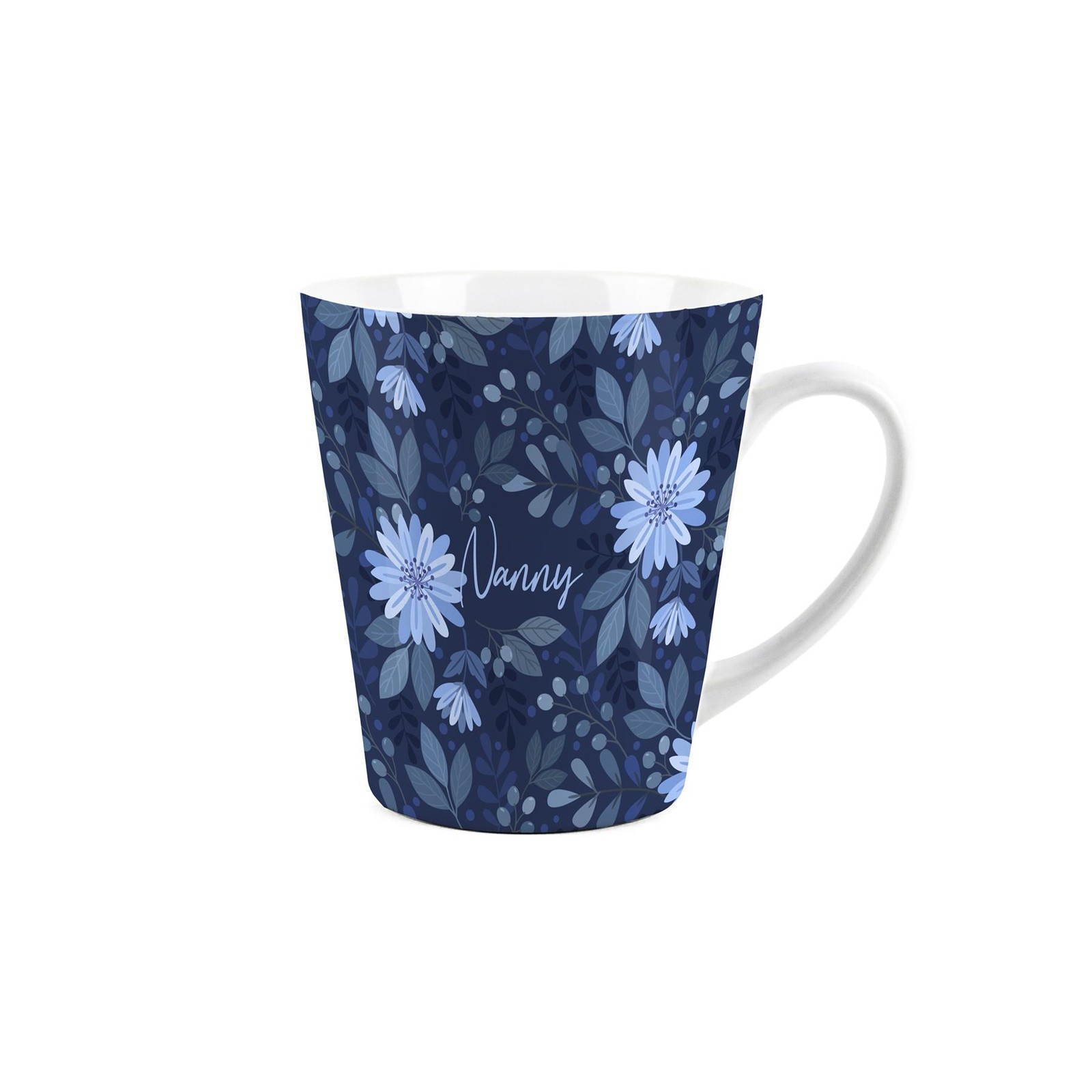 Nanny Gift Mug - Dark Blue Flowers Ceramic Latte Mug Present