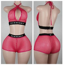Women See Through Fishnet Short Sleeve Crop Top & High Waist Briefs Lingerie Set