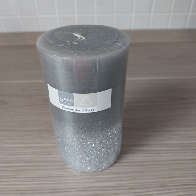 Runde grau-glitzernde CASA Deco Premium Rustic Kerze * 14 x 7,5 cm * NEU