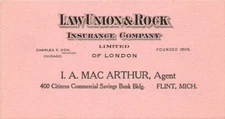 I A Mac Arthur Flint Mich Law Union & Rock Insurance Co advertising blotter
