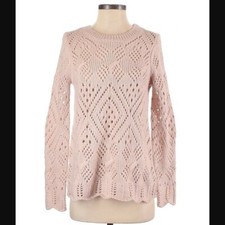 Loft Women's Size XS Crewneck Sweater Light Pink Beige Loose Knit Scallop Hem