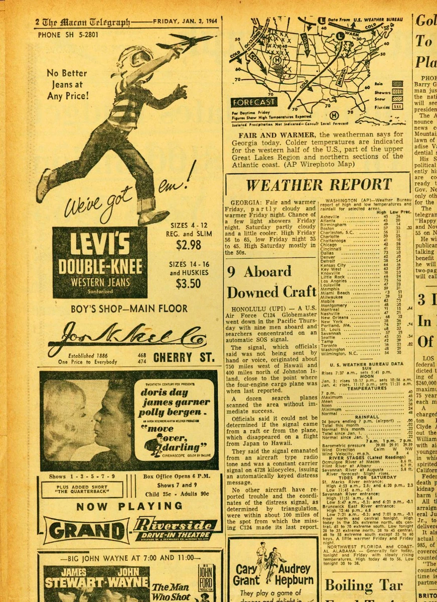 Newspaper Levis Jeans Hoover s FBI Red Plot LBJ Ice Storm Macon