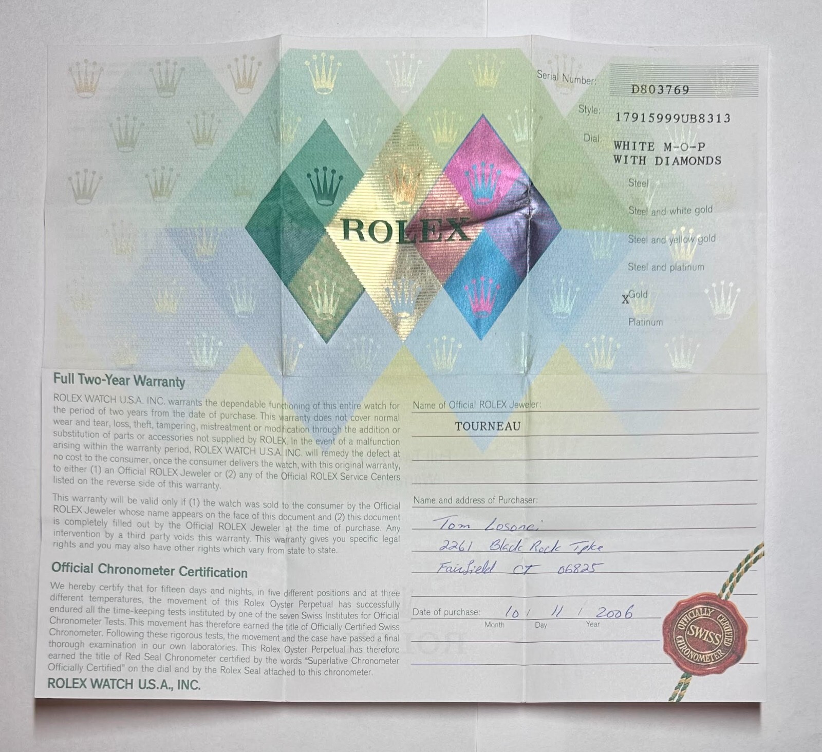 Certificazione Rolex Rolex Lady-Datejust Swiss Warranty Guarantee