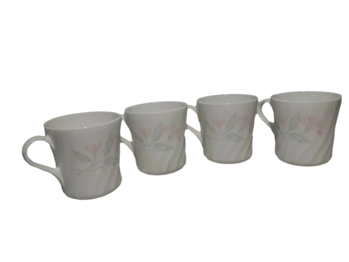 4 Corelle Corning Mugs, Coffee Cup, Pink Trio Pattern, Swirl, White Pink Floral