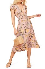 REFORMATION Conga Pink Floral Butterfly Print Riegan Ruffle Midi Dress 0 = XS 🦋