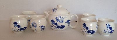  NEW Asian Jinc De Zhen BONE CHINA Porcelain Blue & White  Teapot Tea Cups Set 