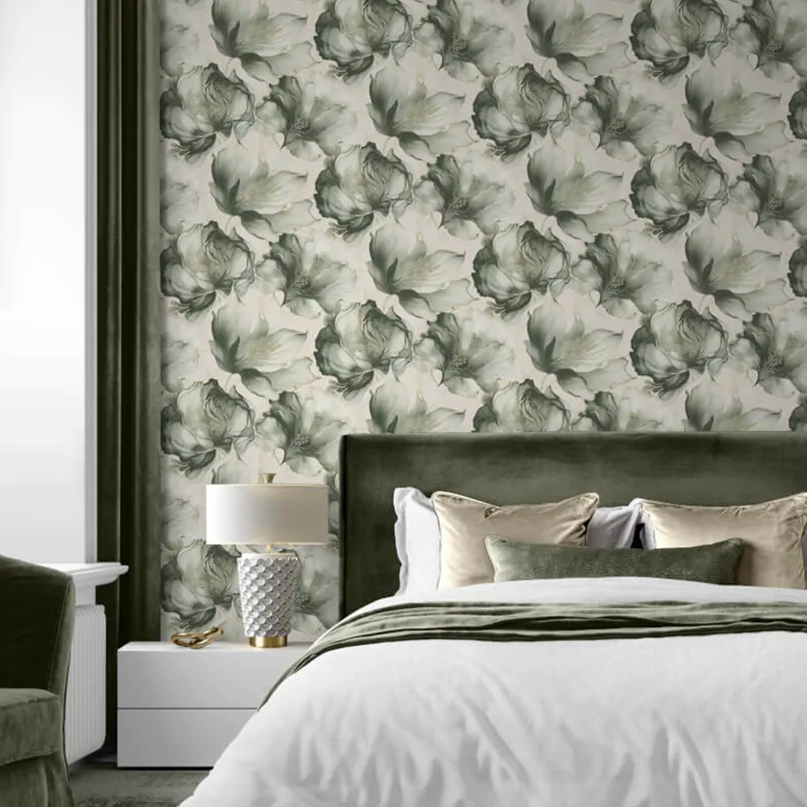 Green White Elysian Floral Wallpaper Glamorous Shimmering Gold Metallic Petals