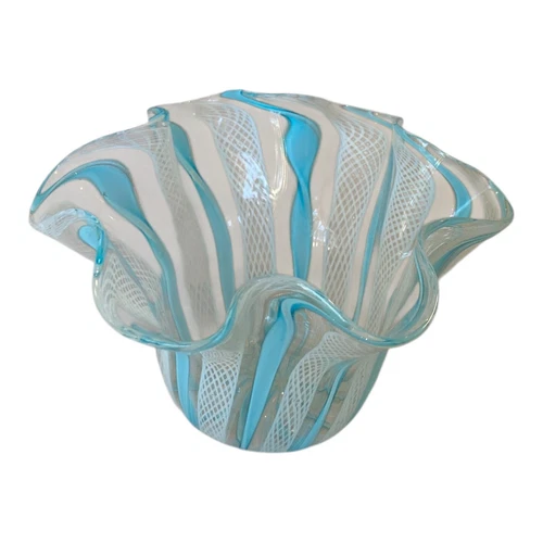 Murano White And Blue Azure Latticino Art Glass Hand Blown Vase Bowl Vintage