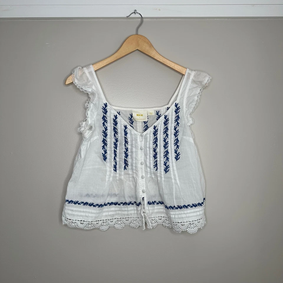 Maeve Anthropologie Women's XS White Blue Embroidered Lace Trim Pintuck Blouse - Image 3 of 4