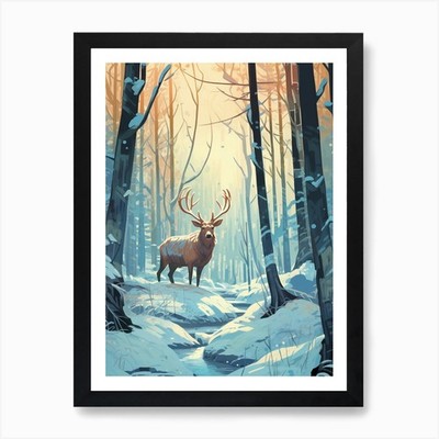 Winter Moose 3 Illustration Art Pri Framed Wall Art Poster Canvas Print Picture