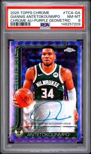 2025 Topps Chrome Giannis Antetokounmpo Purple Geometric On Card AUTO /75 PSA 8