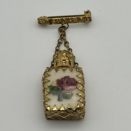 Vintage Gold Tone Floral Needlepoint Perfume Bottle Brooch Pin