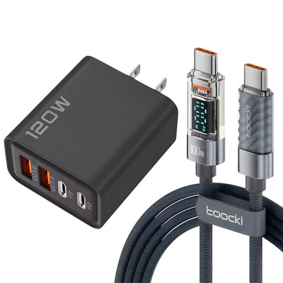 120W 4-Port USB-C Fast Charger US Plug + 100W USB-C Watt Display Cable Set