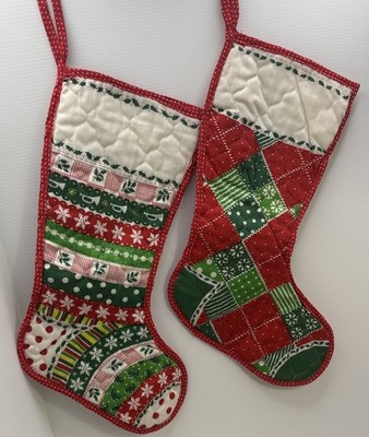 Vtg Christmas Stockings Quilted Country Grannycore Handmade Lot Of Two 16 