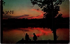 Sunset Fishing Silhouette – End of Perfect Day – Vintage Plastichrome Postcard