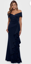 Xscape Evenings Off the Shoulder Ruffle Scuba Crepe Gown (Size 10) Midnight Navy