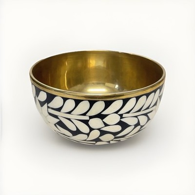 Mela Artisans Handcrafted Bowl Black Resin With Bone Inlay & Brass