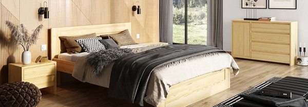 Schlafzimmer 3Tlg. Set Echtes Holz Bett Mit 2X Nachttische 180X200Cm Massivholz-image