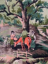 VTG SPECTRUM RURAL COUNTRY FARM HORSE DUCKS BARN FIELD SCENIC BARKCLOTH 48x74 2Y