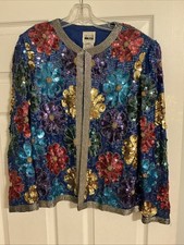 Vintage 1980s Leslie Fay Evenings Sequins Floral Silk Jacket Size Medium