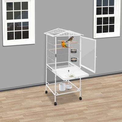 White Iron Bird Cage with Wheel Cage for Parrots Freestanding Large Bird Cage