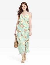 A New Day Mint Green Floral Chiffon Ruffle V Neck Sleeveless Midi Slip Dress S