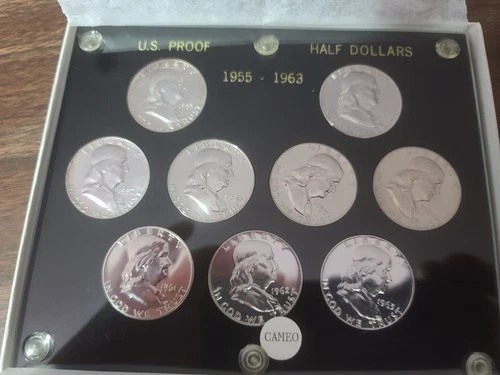 1955 thru 1963 Proof Franklin Half Dollar 9 coin Set in Capitol Holder Cameo COA
