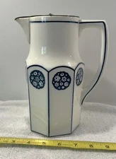 ANTIQUE CERAMIC 19TH C FRENCH(?) MILK JUG BLUE WHITE GLAZE  WEIGHTED LEVERED LID