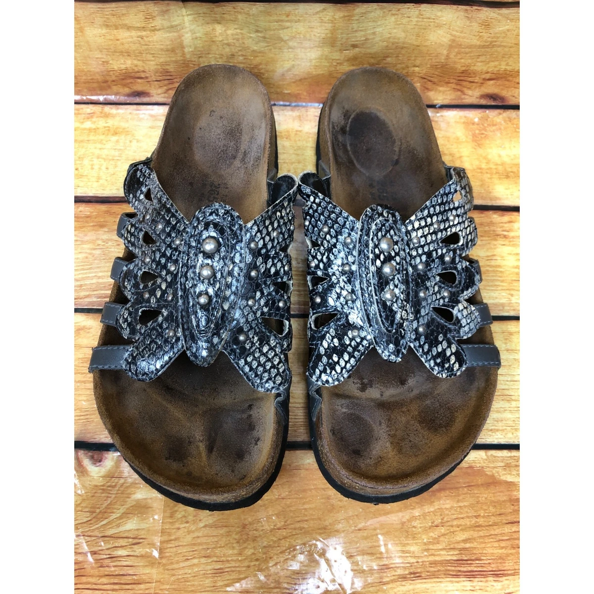Betula Birkenstock Butterfly Snakeskin Print Studded Slide Sandals Womens 41