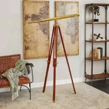 Stylish Floor Standing Brass Telescope With Wooden Tripod Stand Antique Designer