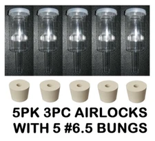 AIRLOCKS 5 3PC +6.5 RUBBER BUNGS TOP QUALITY FERMENTATION AIR LOCK FOR BEER WINE