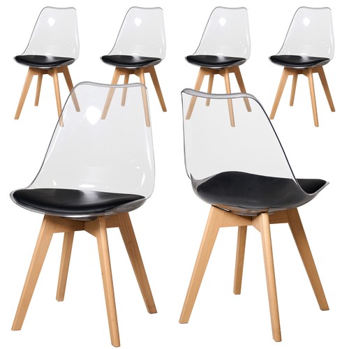 6er Esszimmerstühle Acryl-Rückenlehne schwarzer PU-Sitz Holzgestell Büro Cafés