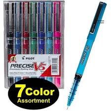 7 Color Assortment, Pilot Precise V5 26015, 0.5mm Extra Fine Rolling Ball Pen