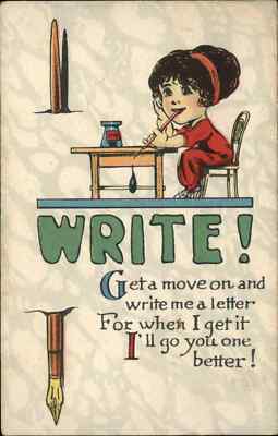 Antique Postcard PLEASE WRITE Little Girl w Fountain Pen Inkwell WRITING DESK