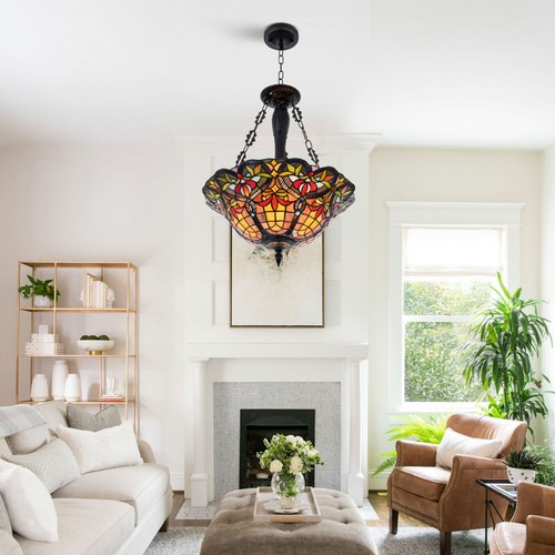 18" Stained Glass Tiffany Ceiling Light Fixture Retro 3-Light Bohemia Chandelier - Picture 7 of 8