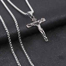 Men Stainless Steel Jesus Christ Crucifix Cross Pendant Chain Necklace