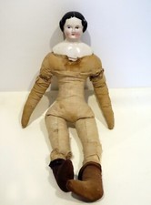 1860s Antique China Head Doll Cloth Body TLC Flat Top High Brow Peppering