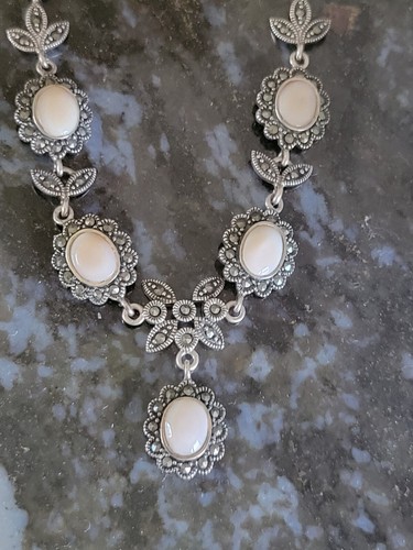 Edwardian/Victorian Style Sterling/Marcasite/ Angel Skin Coral Station Necklace - Picture 8 of 12