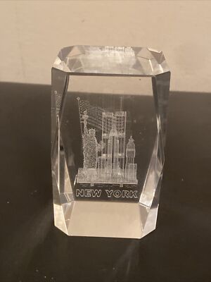 3D Laser Etched Crystal Block - New York Statue of Liberty, Twin Towers, Skyline