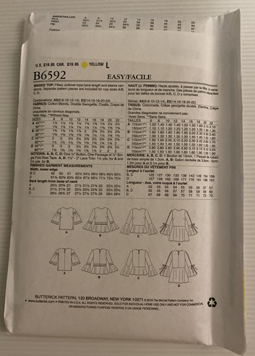 Butterick B6592 Sewing Pattern Ladies' Tops Sizes: 14-22 Plus Size - Picture 5 of 7
