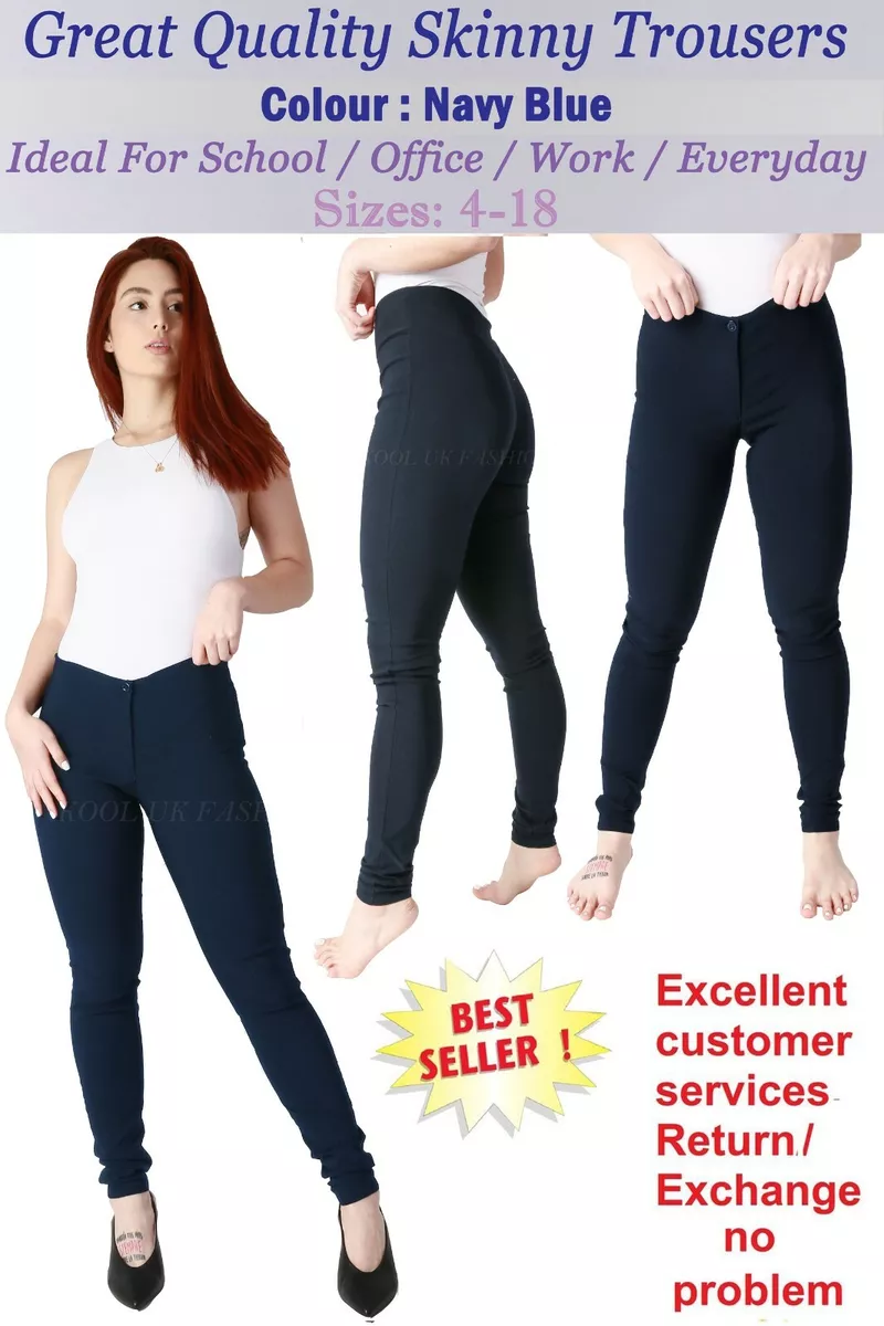Girls Navy Blue Skinny Stretch School Trousers Women Office Work Tight Slim Fit
