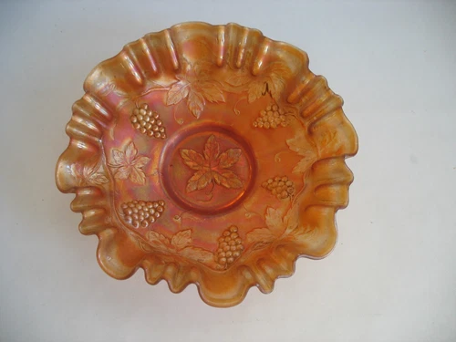 Vtg Marigold Grape Leaf Vine ruffled carnival glass bowl 8 1/2" Fenton? Dugan?