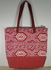 Borsa da spiaggia Sun N sabbia tessuto paglia tela doppio manico rosso bianco stampa azteca