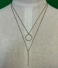 Banana Republic Double Stranded Gold Necklace Crystal Pave Bar and Circle
