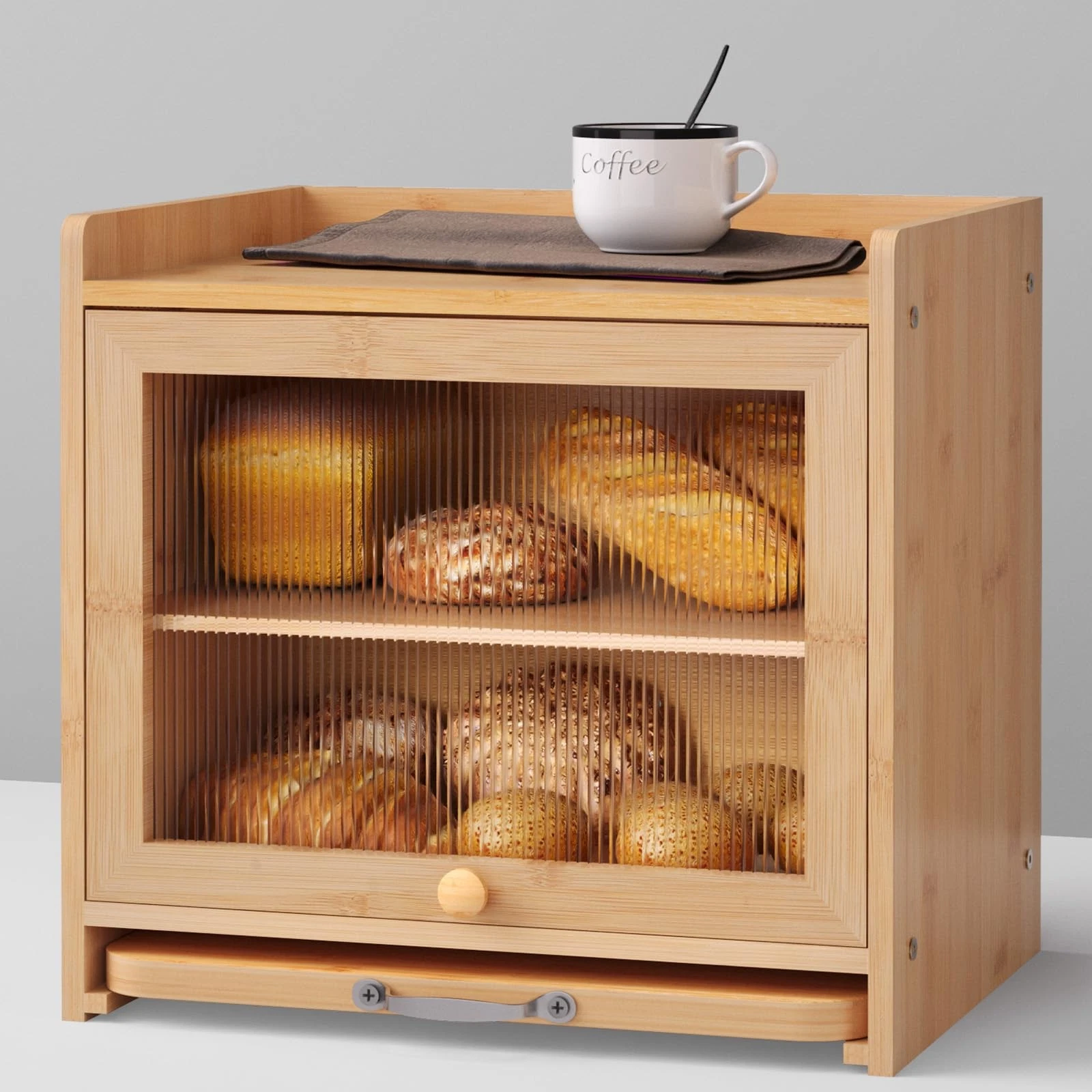 Bamboo Bread Box for Kitchen Countertop, Double Layer Kitchen Counter Organiz...