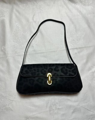 Y2K Shoulder Bag Black Leopard Print Baguette Tasche Gold Buckle 90s Style