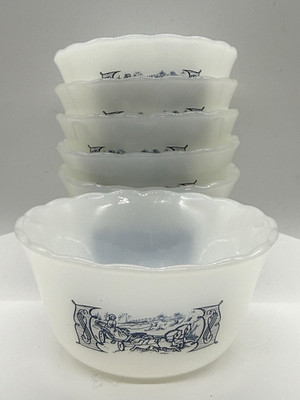 Vintage 6 Custard Cups 6oz Milk Glass w Currier & Ives Design Fire King 2''H 4''W